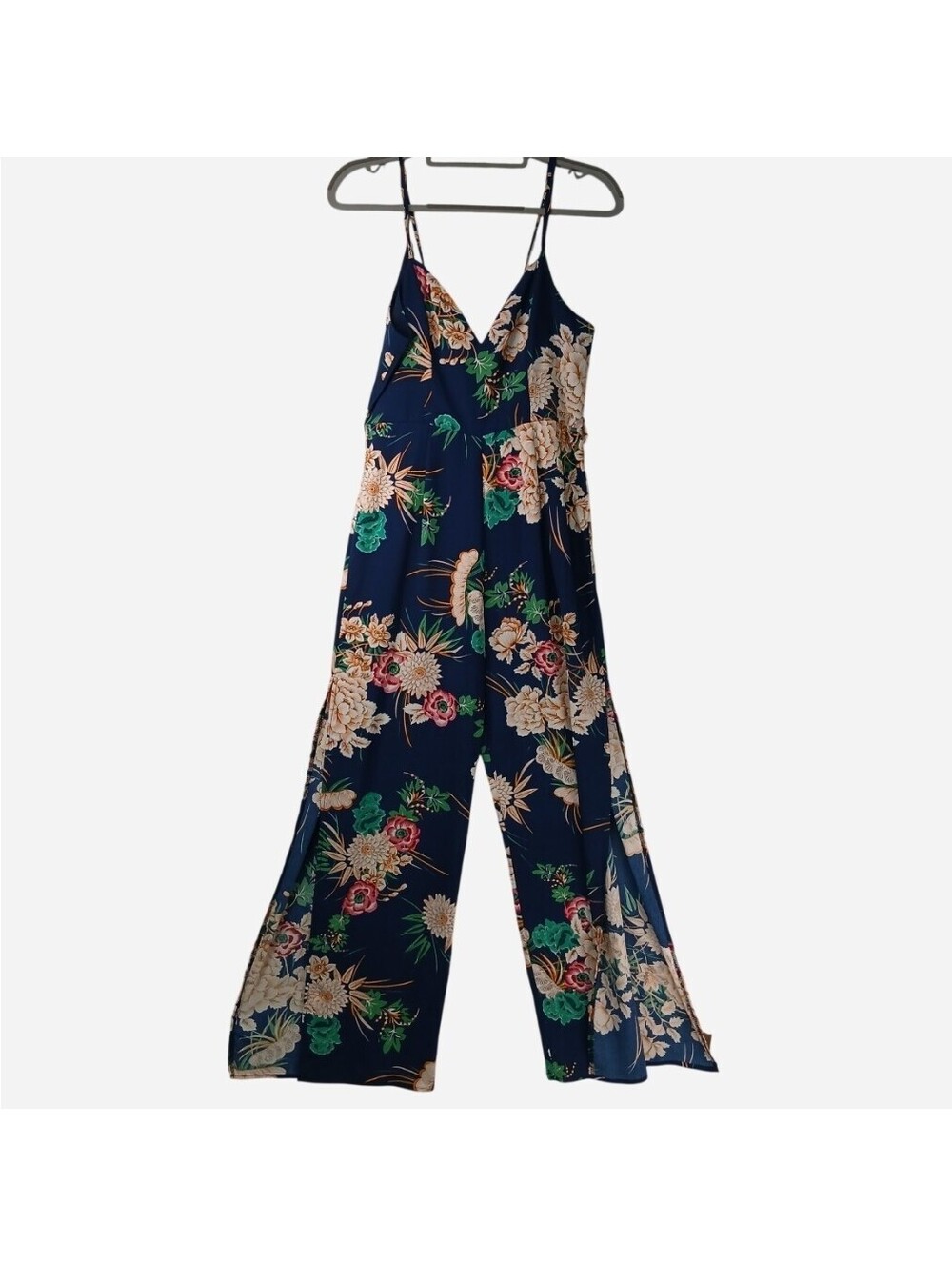 Indikah Floral Wide Leg Jumpsuit US L AU 12 Navy Blue Side Slit Boho Trendy L